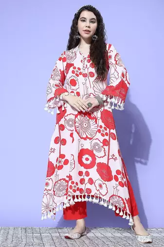 Winter Floral Printed V-Neck A-Line Woolen Kurta Set with Tesselled Hem