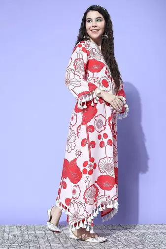 Winter Floral Printed V-Neck A-Line Woolen Kurta Set with Tesselled Hem