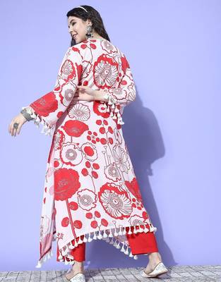 Winter Floral Printed V-Neck A-Line Woolen Kurta Set with Tesselled Hem 5