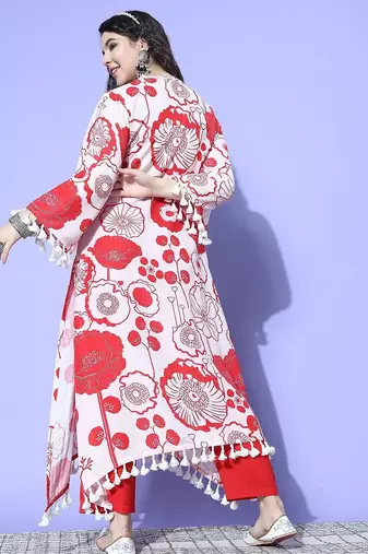 Winter Floral Printed V-Neck A-Line Woolen Kurta Set with Tesselled Hem