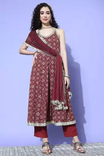 Ethnic Motifs Woven Design Sequinned Kurta with Trousers & Dupatta