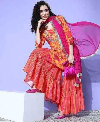 Women Printed Regular Gotta Patti Kurta with Sharara & With Dupatta 1