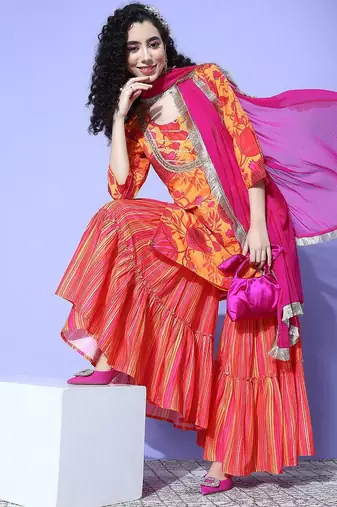 Women Printed Regular Gotta Patti Kurta with Sharara & With Dupatta
