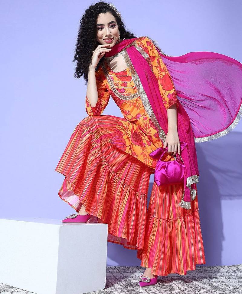 Women Printed Regular Gotta Patti Kurta with Sharara & With Dupatta