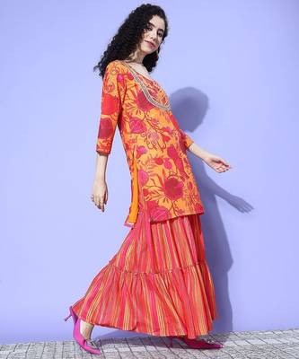 Women Printed Regular Gotta Patti Kurta with Sharara & With Dupatta 3