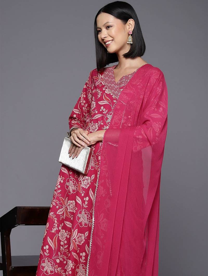 Floral Printed Regular Gotta Patti Pure Cotton Kurta with Trousers & Dupatta