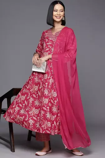 Floral Printed Regular Gotta Patti Pure Cotton Kurta with Trousers & Dupatta