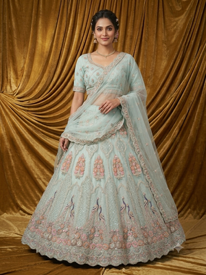 sky blue embroidered lehenga choli dupatta 1