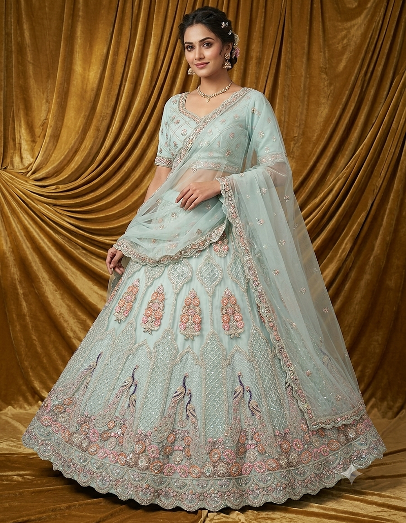 sky blue embroidered lehenga choli dupatta