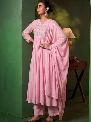 Women Floral Embroidered Empire Thread Work Kurta with Palazzos & With Dupatta 2