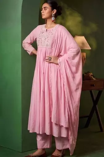 Women Floral Embroidered Empire Thread Work Kurta with Palazzos & With Dupatta