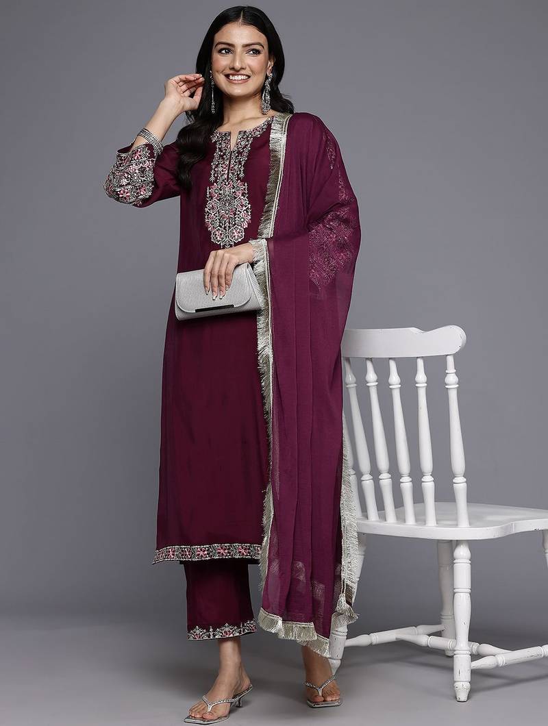 Purple Floral Embroidered Regular Sequinned Kurta With Trouser With Dupatta