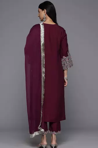 Purple Floral Embroidered Regular Sequinned Kurta With Trouser With Dupatta