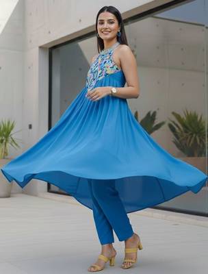 Women Printed Tiered Thread Work Silk Georgette Kurta with Trousers 1