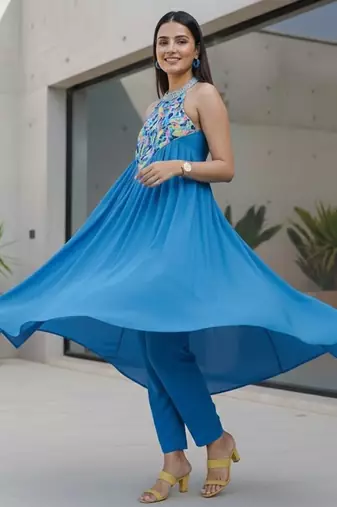 Women Printed Tiered Thread Work Silk Georgette Kurta with Trousers