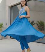 Women Printed Tiered Thread Work Silk Georgette Kurta with Trousers
