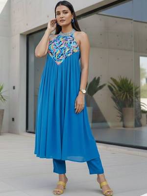 Women Printed Tiered Thread Work Silk Georgette Kurta with Trousers 2