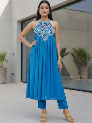 Women Printed Tiered Thread Work Silk Georgette Kurta with Trousers 3