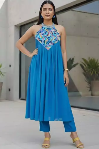 Women Printed Tiered Thread Work Silk Georgette Kurta with Trousers