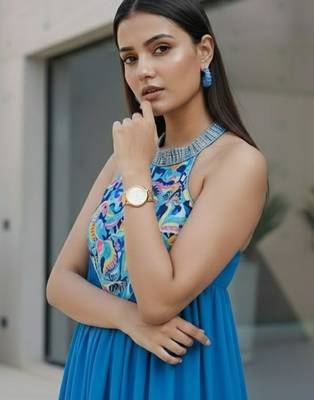 Women Printed Tiered Thread Work Silk Georgette Kurta with Trousers 4