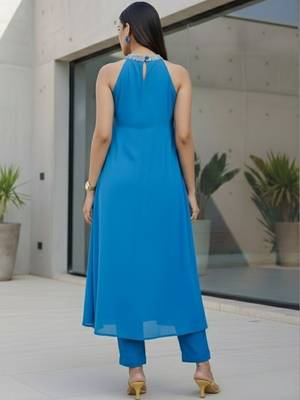 Women Printed Tiered Thread Work Silk Georgette Kurta with Trousers 5