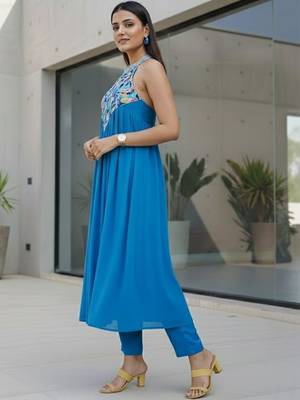 Women Printed Tiered Thread Work Silk Georgette Kurta with Trousers 6