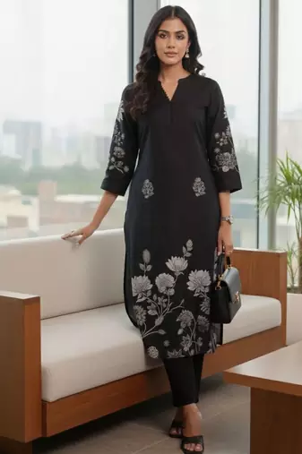 Women Floral Printed Regular Chanderi Silk Kurta with Trousers