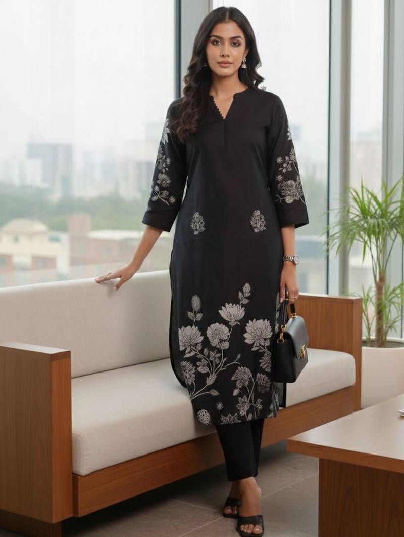 Women Floral Printed Regular Chanderi Silk Kurta with Trousers