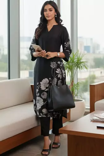 Women Floral Printed Regular Chanderi Silk Kurta with Trousers