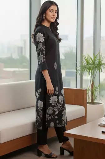 Women Floral Printed Regular Chanderi Silk Kurta with Trousers