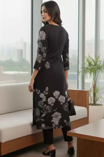 Women Floral Printed Regular Chanderi Silk Kurta with Trousers