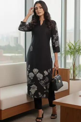 Women Floral Printed Regular Chanderi Silk Kurta with Trousers