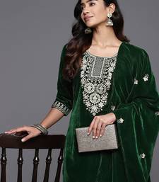 Winter floral Zari Embroidered Velvet Kurta Set with Dupatta.