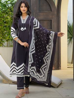 Women Printed Regular Thread Work Kurta with Trousers & With Dupatta 1