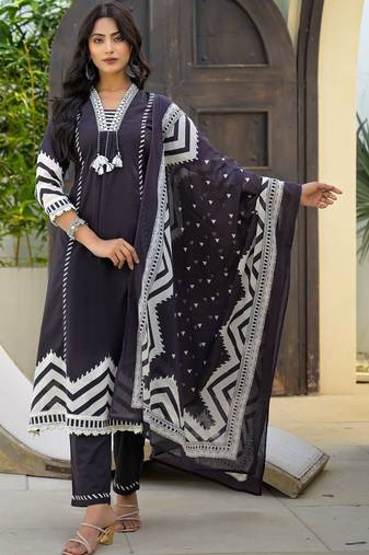 Women Printed Regular Thread Work Kurta with Trousers & With Dupatta