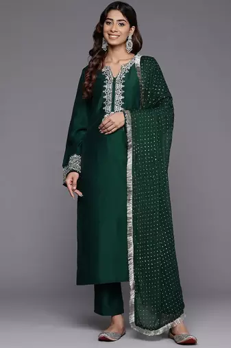 Ethnic Motifs Yoke Design Regular Thread Work Kurta with Trousers & With Dupatta