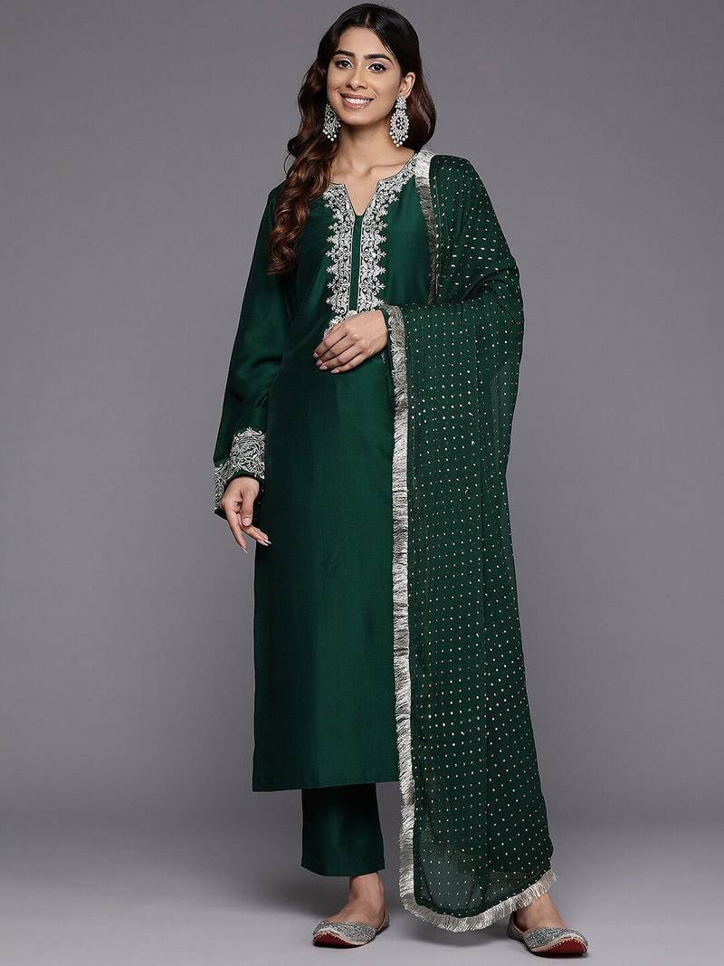 Ethnic Motifs Yoke Design Regular Thread Work Kurta with Trousers & With Dupatta