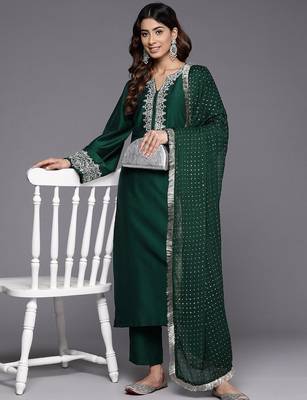 Ethnic Motifs Yoke Design Regular Thread Work Kurta with Trousers & With Dupatta 7