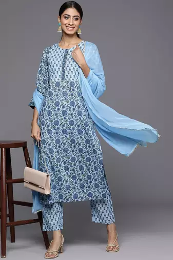 Floral Printed Regular Gotta Patti Pure Cotton Kurta with Trousers & Dupatta