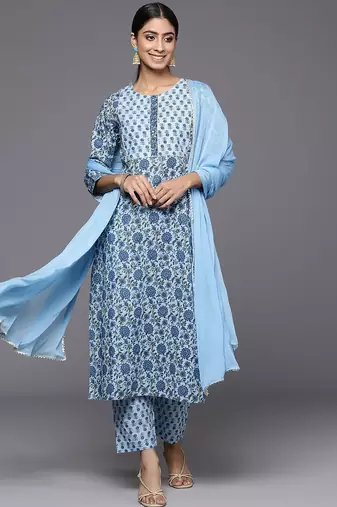 Floral Printed Regular Gotta Patti Pure Cotton Kurta with Trousers & Dupatta