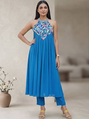 Women Printed Empire Thread Work Silk Georgette Kurta with Trousers 1