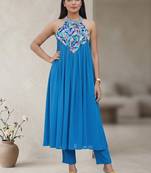 Women Printed Empire Thread Work Silk Georgette Kurta with Trousers