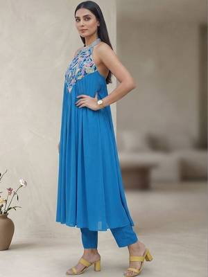 Women Printed Empire Thread Work Silk Georgette Kurta with Trousers 2