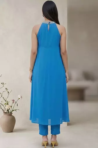 Women Printed Empire Thread Work Silk Georgette Kurta with Trousers