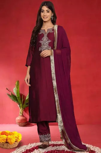 Floral Embroidered Sequinned Straight Kurta With Trousers & Dupatta