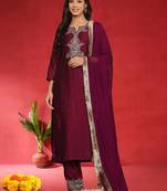 Floral Embroidered Sequinned Straight Kurta With Trousers & Dupatta