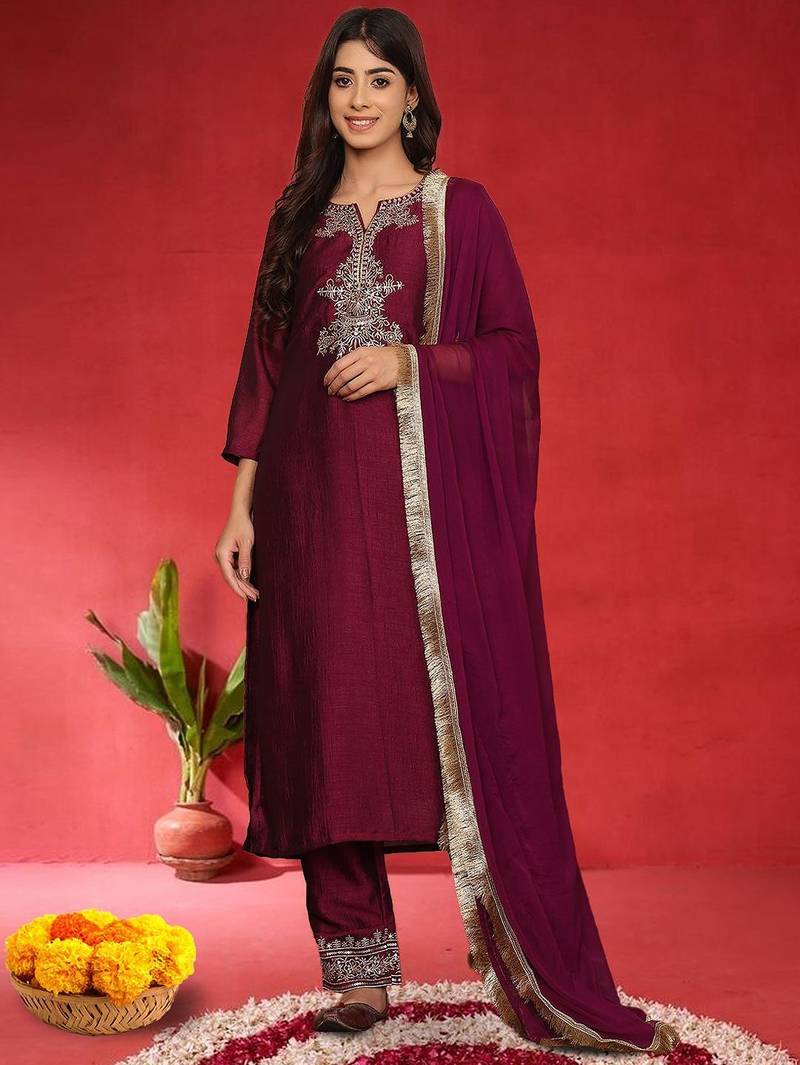 Floral Embroidered Sequinned Straight Kurta With Trousers & Dupatta