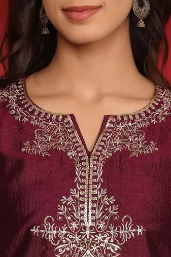 Floral Embroidered Sequinned Straight Kurta With Trousers & Dupatta
