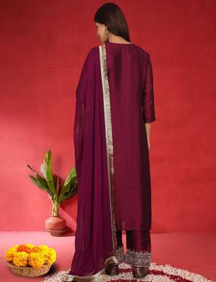 Floral Embroidered Sequinned Straight Kurta With Trousers & Dupatta 5