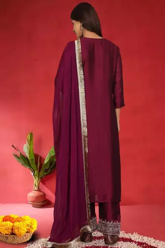 Floral Embroidered Sequinned Straight Kurta With Trousers & Dupatta